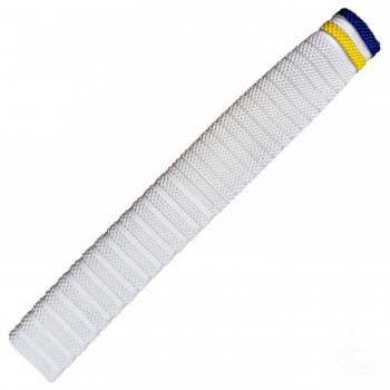 White with Navy Blue and Yellow Dynamite Cricket Bat Grip